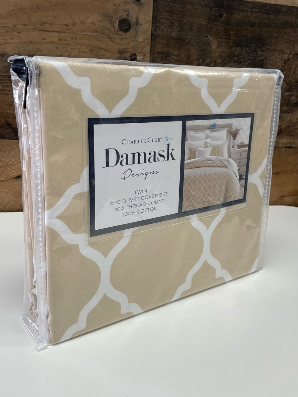 Charter Club Twin Duvet Cover Set in Beige and White Trellising 300 thread count